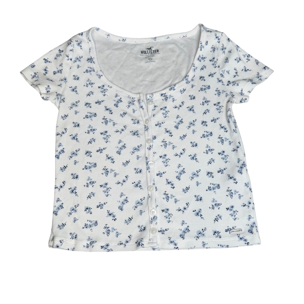Hollister Blue Floral Ribbed Button Front Baby Tee White XS Short Sleeve Scoop